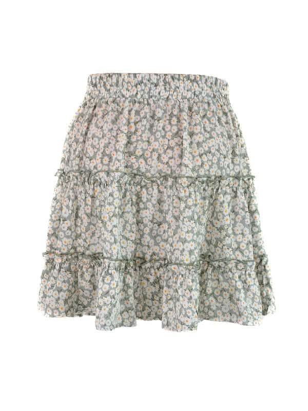 Ladies High Waist Ruffled Floral Printed A-Line Skirt.