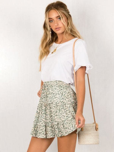 Ladies High Waist Ruffled Floral Printed A-Line Skirt.