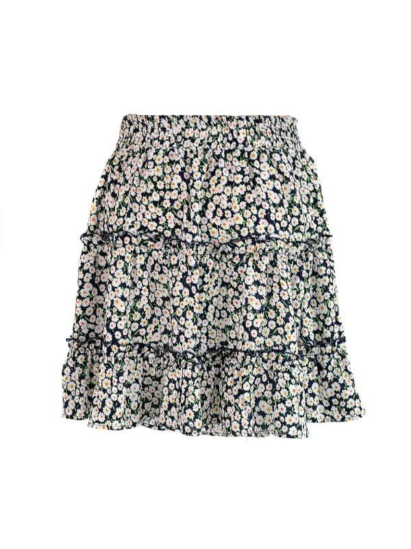 Ladies High Waist Ruffled Floral Printed A-Line Skirt.