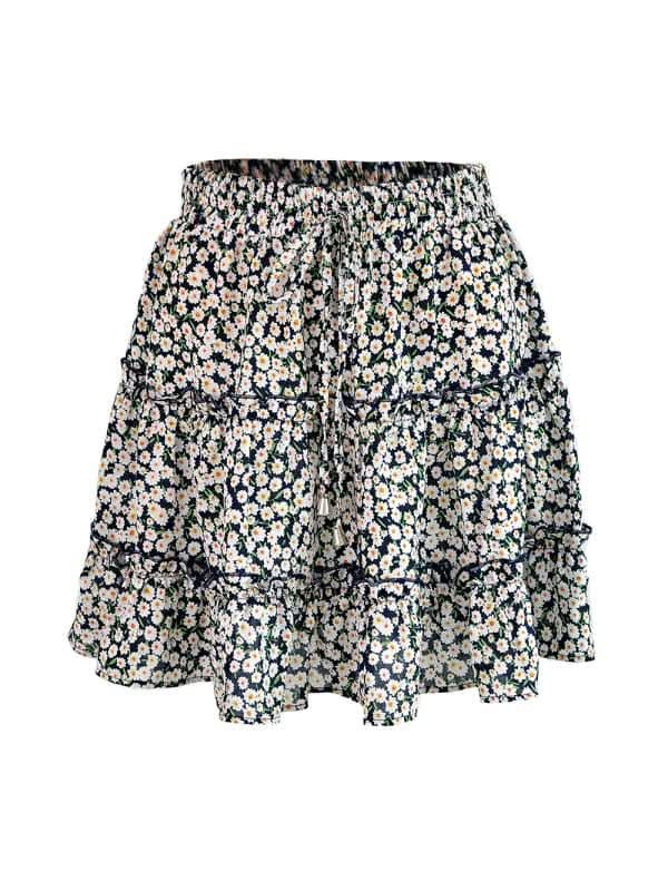 Ladies High Waist Ruffled Floral Printed A-Line Skirt.