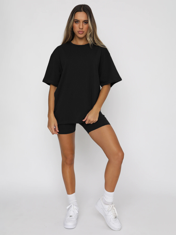 Women's solid color casual short-sleeved + shorts two-piece sets.