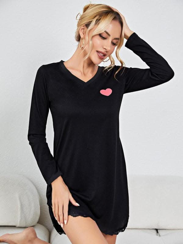 Homewear Heart Print Sexy One-Piece Pajama Dress.