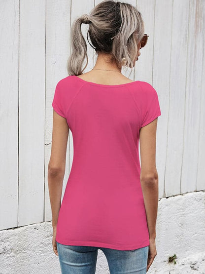 Summer short-sleeved t-shirt female simple slim hollow round neck solid color ladies top.