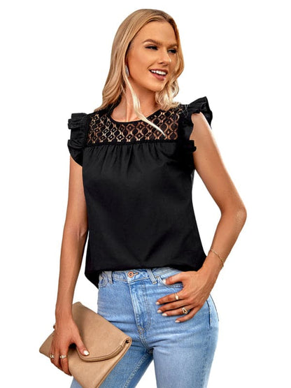 Ladies Woven Round Neck Lace Ruffle Sleeve Top.