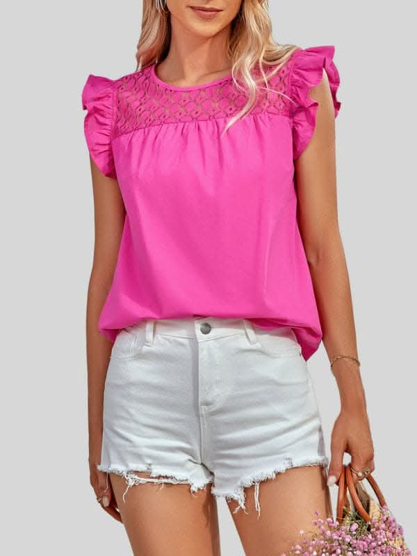 Ladies Woven Round Neck Lace Ruffle Sleeve Top.