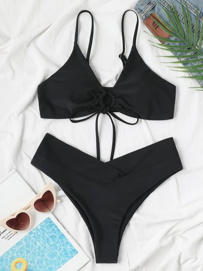 Women's Solid Color Drawstring Tie Sexy Bikini Set
