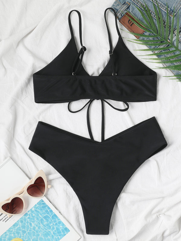 Women's Solid Color Drawstring Tie Sexy Bikini Set