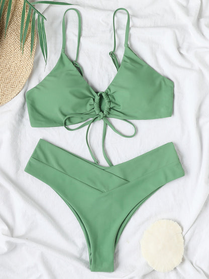 Women's Solid Color Drawstring Tie Sexy Bikini Set