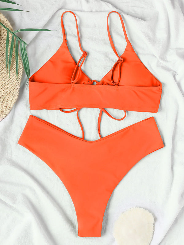 Women's Solid Color Drawstring Tie Sexy Bikini Set