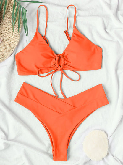 Women's Solid Color Drawstring Tie Sexy Bikini Set