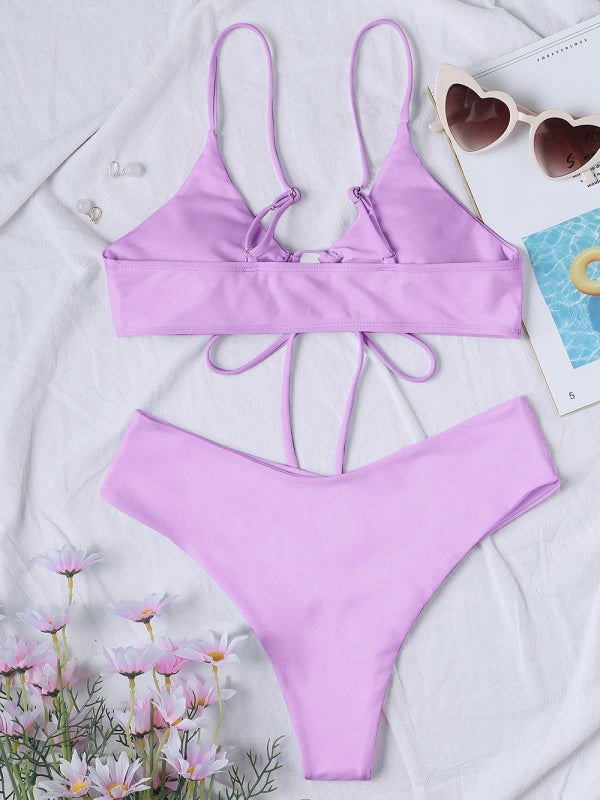 Women's Solid Color Drawstring Tie Sexy Bikini Set