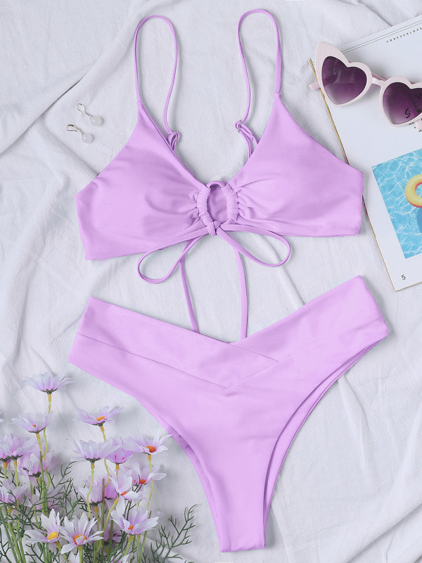 Women's Solid Color Drawstring Tie Sexy Bikini Set