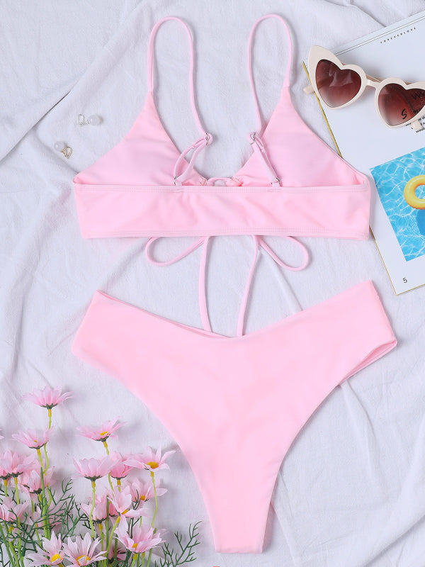Women's Solid Color Drawstring Tie Sexy Bikini Set