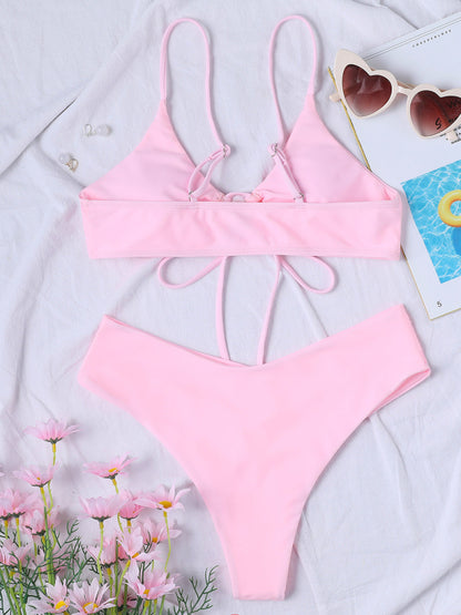 Women's Solid Color Drawstring Tie Sexy Bikini Set