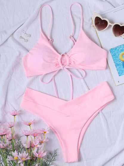 Women's Solid Color Drawstring Tie Sexy Bikini Set
