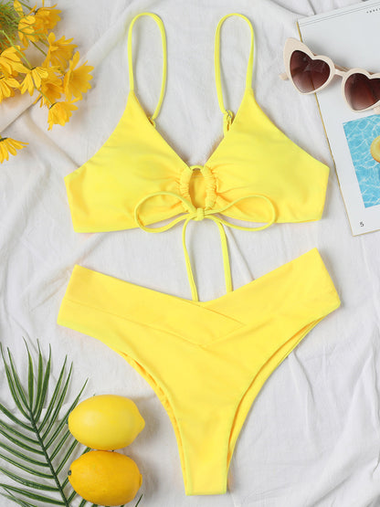 Women's Solid Color Drawstring Tie Sexy Bikini Set