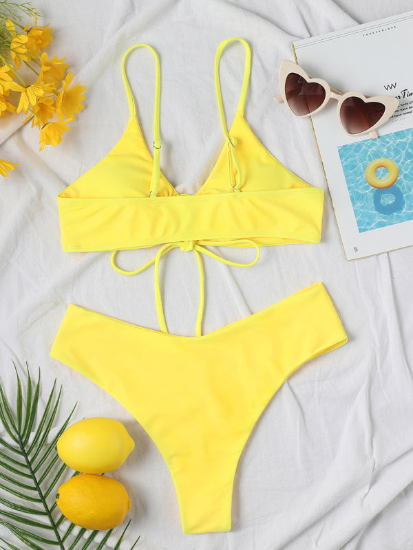 Women's Solid Color Drawstring Tie Sexy Bikini Set