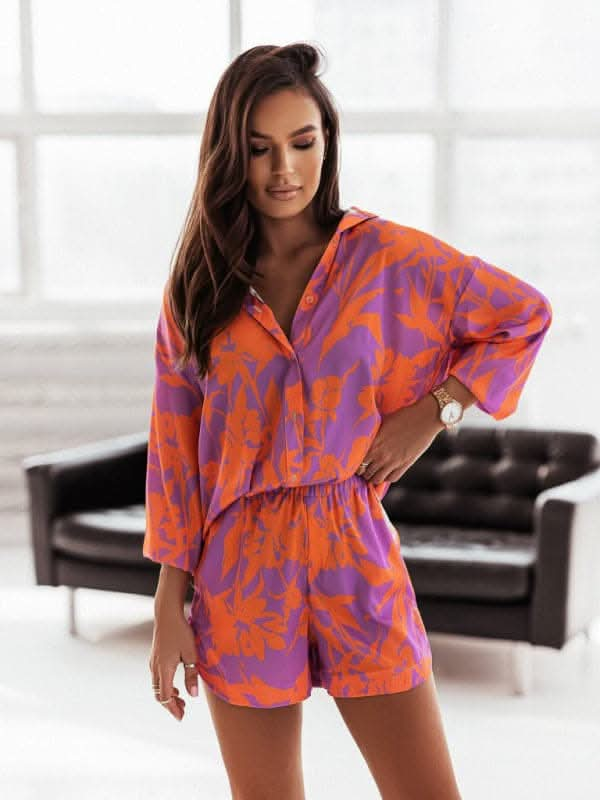 Women's vacation style printed shirt + shorts two-piece sets.