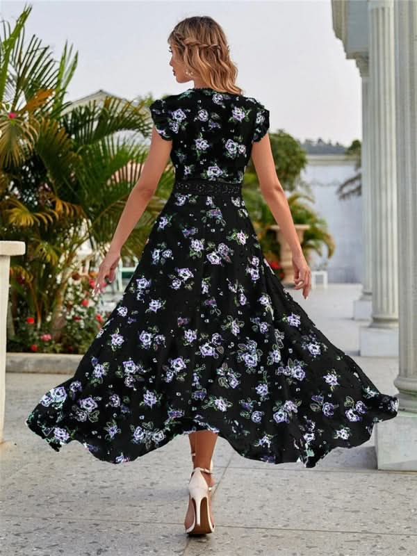 Women's Printed Sleeveless Swing Skirt Lace Waist Dress