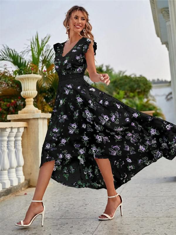 Women's Printed Sleeveless Swing Skirt Lace Waist Dress