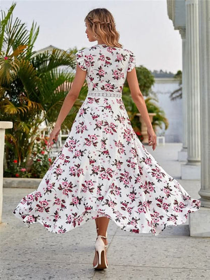 Women's Printed Sleeveless Swing Skirt Lace Waist Dress