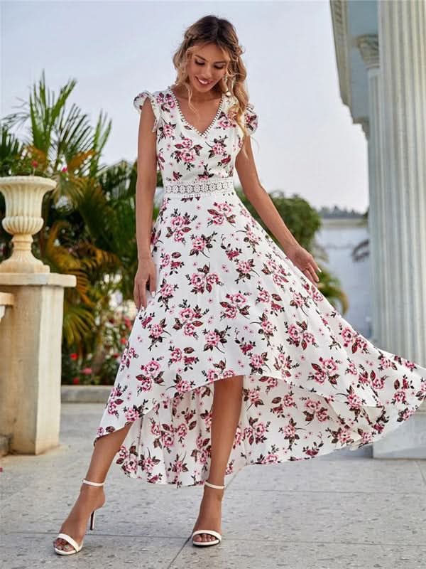 Women's Printed Sleeveless Swing Skirt Lace Waist Dress