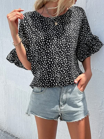 Women's Woven Round Neck Leopard Dolman-Sleeve Shirt.