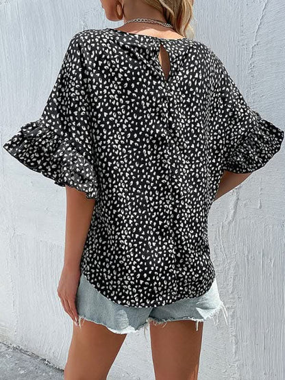 Women's Woven Round Neck Leopard Dolman-Sleeve Shirt.