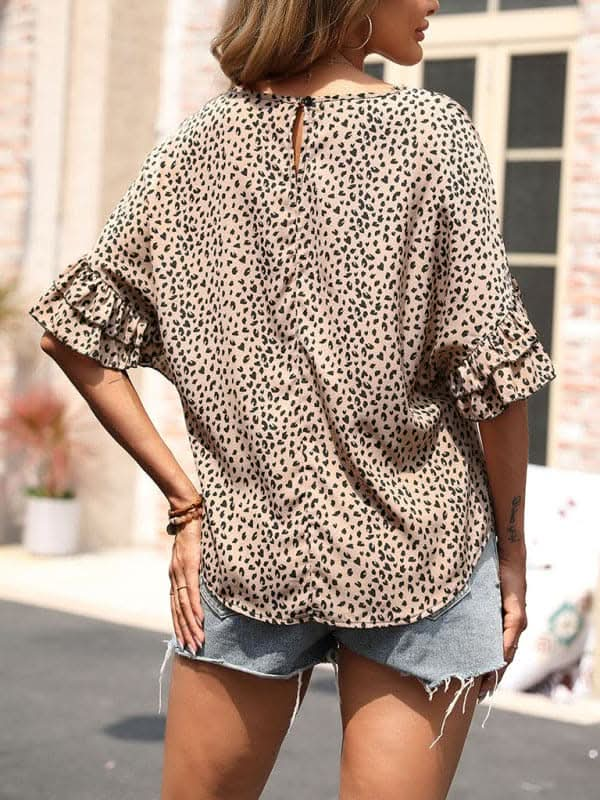 Women's Woven Round Neck Leopard Dolman-Sleeve Shirt.