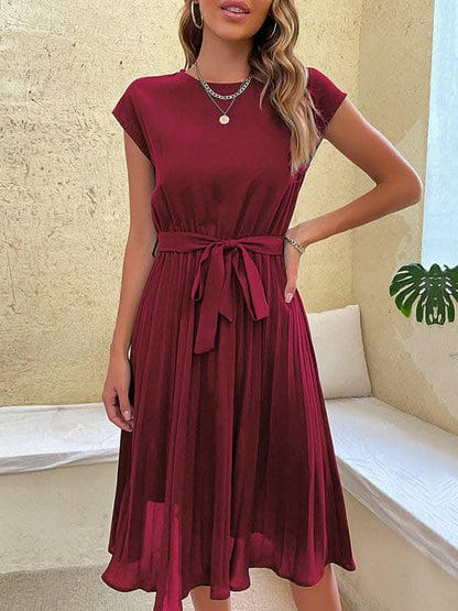 Women's Woven Round Neck Elegant Pleated Dress.