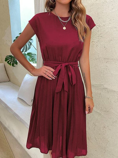 Women's Woven Round Neck Elegant Pleated Dress.