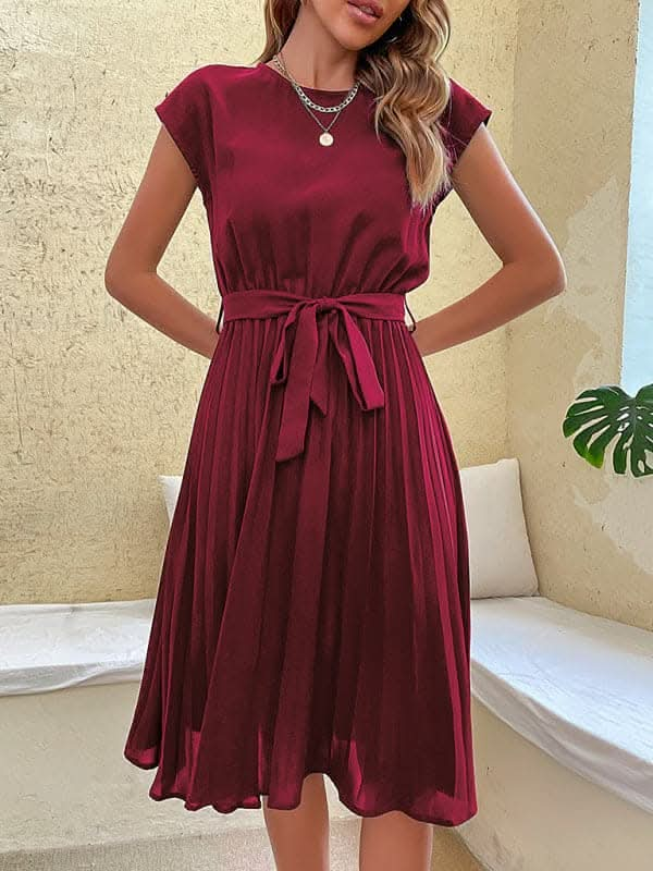 Women's Woven Round Neck Elegant Pleated Dress.