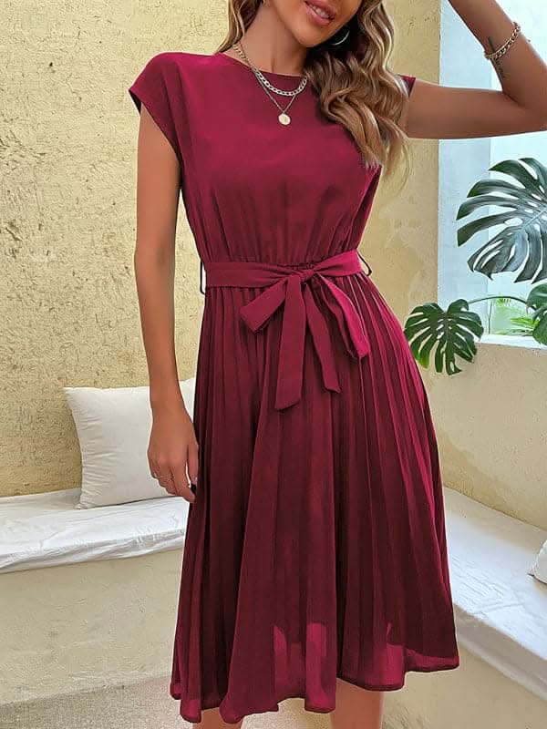 Women's Woven Round Neck Elegant Pleated Dress.