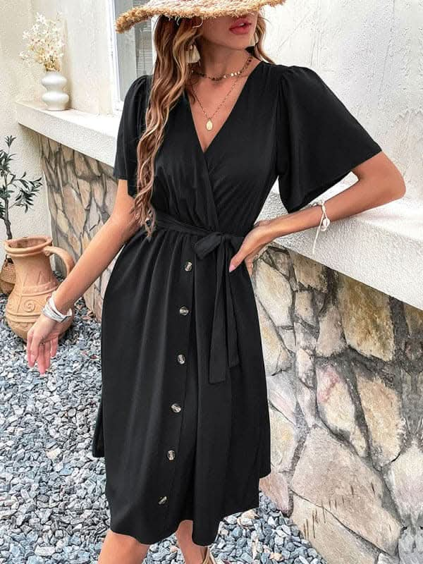 Women's Woven V Neck Short Sleeve Midi Dress.