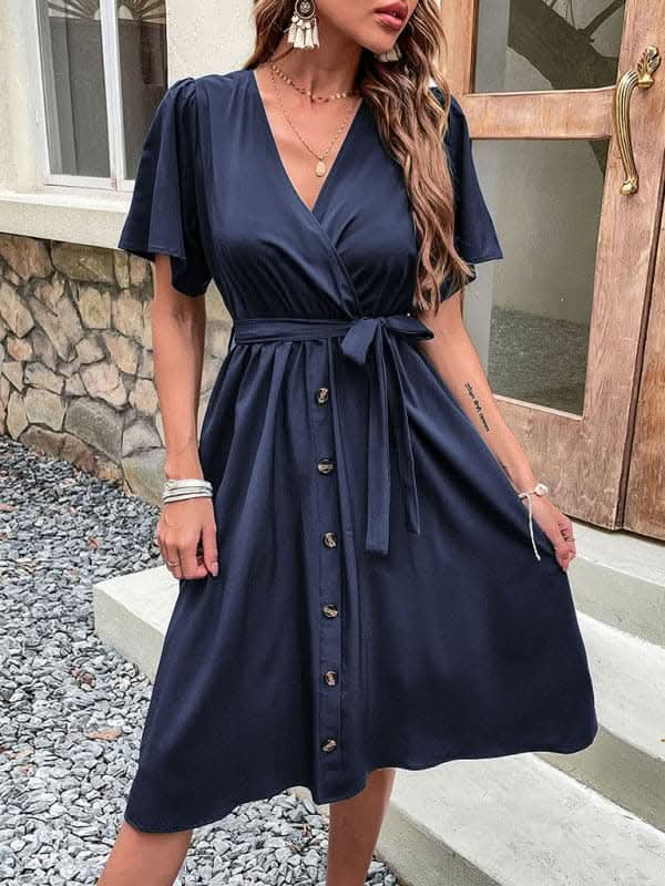 Women's Woven V Neck Short Sleeve Midi Dress.