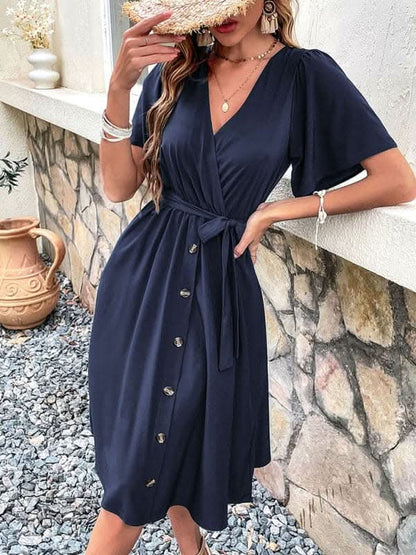 Women's Woven V Neck Short Sleeve Midi Dress.