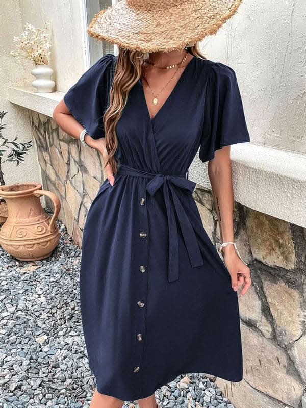 Women's Woven V Neck Short Sleeve Midi Dress.