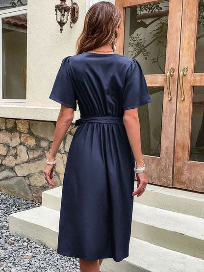 Women's Woven V Neck Short Sleeve Midi Dress.