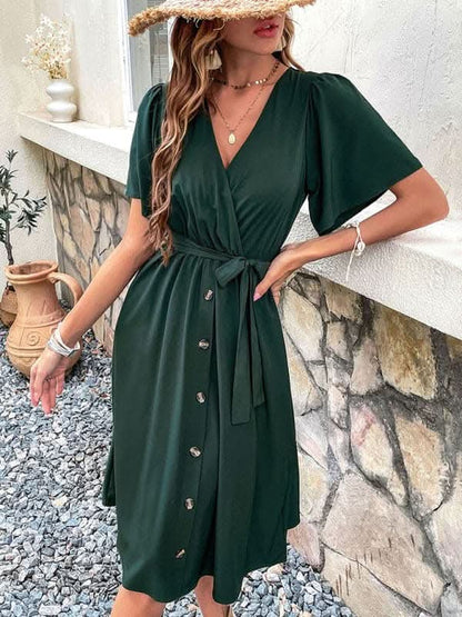 Women's Woven V Neck Short Sleeve Midi Dress.