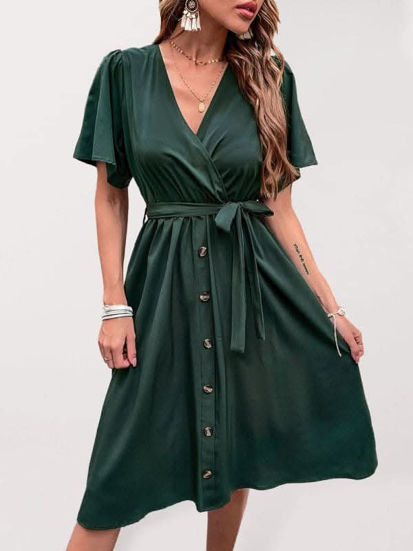 Women's Woven V Neck Short Sleeve Midi Dress.