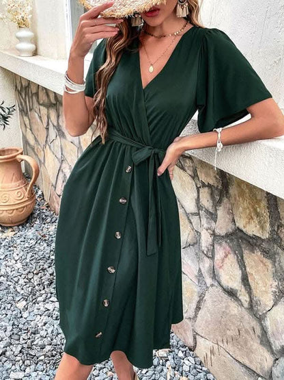 Women's Woven V Neck Short Sleeve Midi Dress.