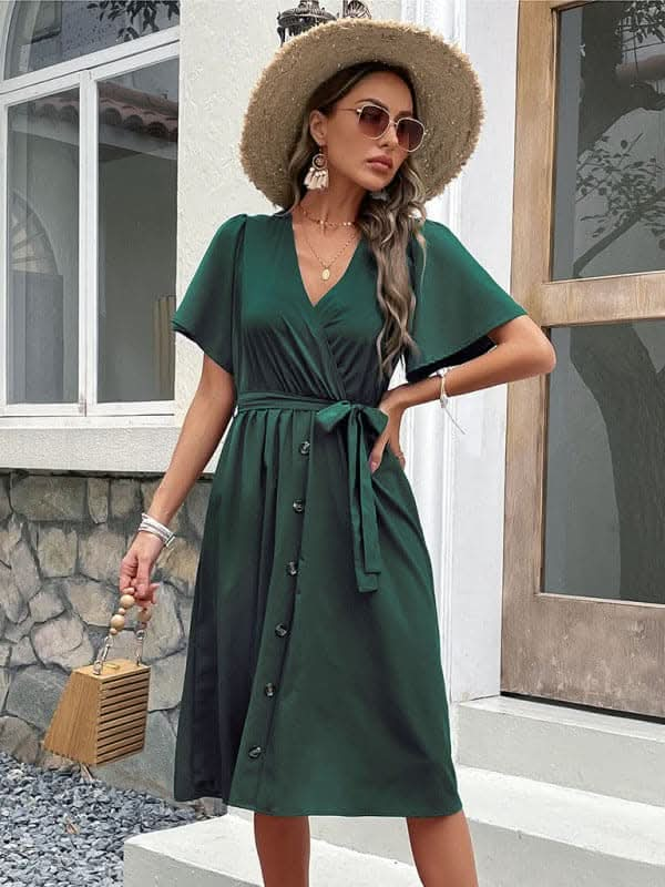 Women's Woven V Neck Short Sleeve Midi Dress.