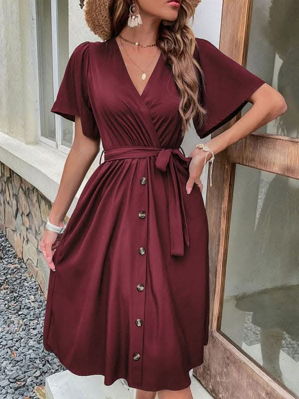 Women's Woven V Neck Short Sleeve Midi Dress.