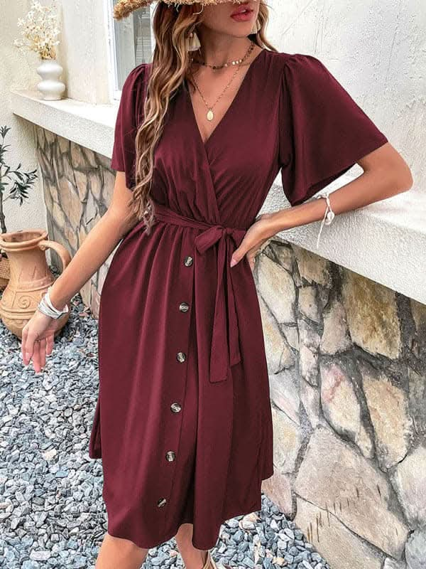 Women's Woven V Neck Short Sleeve Midi Dress.