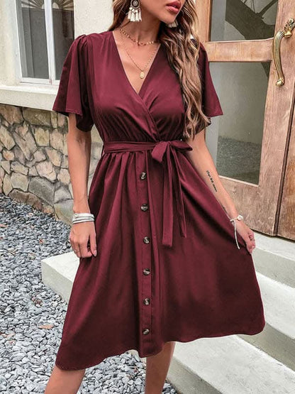 Women's Woven V Neck Short Sleeve Midi Dress.