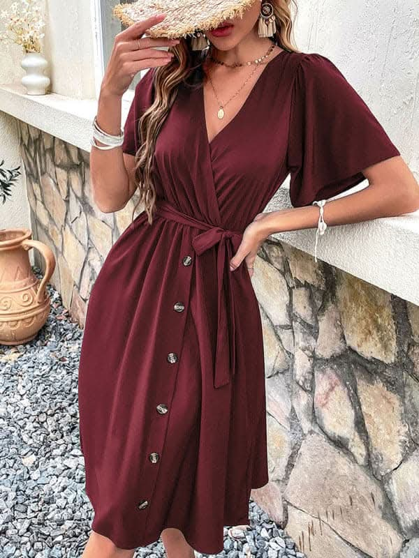 Women's Woven V Neck Short Sleeve Midi Dress.