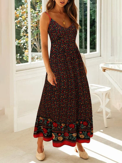 Summer new big swing skirt Bohemian V-neck suspender floral dress.