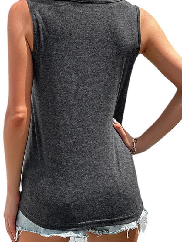 Women's Solid Color Button Knot Crewneck Tank Top.