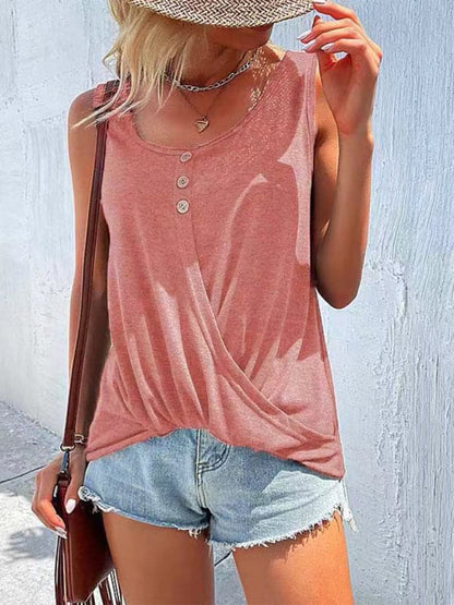 Women's Solid Color Button Knot Crewneck Tank Top.