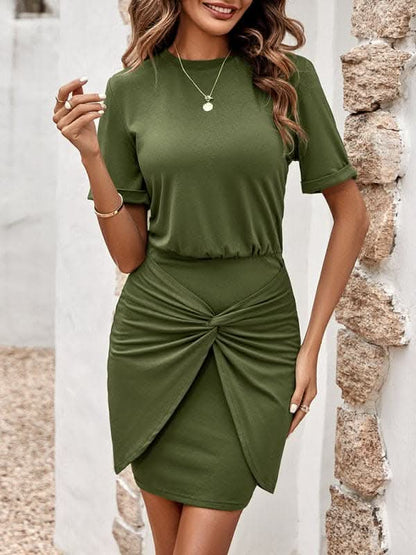 Women's Casual Solid Color Round Neck Knit Slim Body Pack Hip Dress.